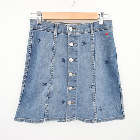 SUNDRY Denim Skirt Blue Mini Red Stars Button Front Casual Pleated A Line 25 - Picture 1 of 8